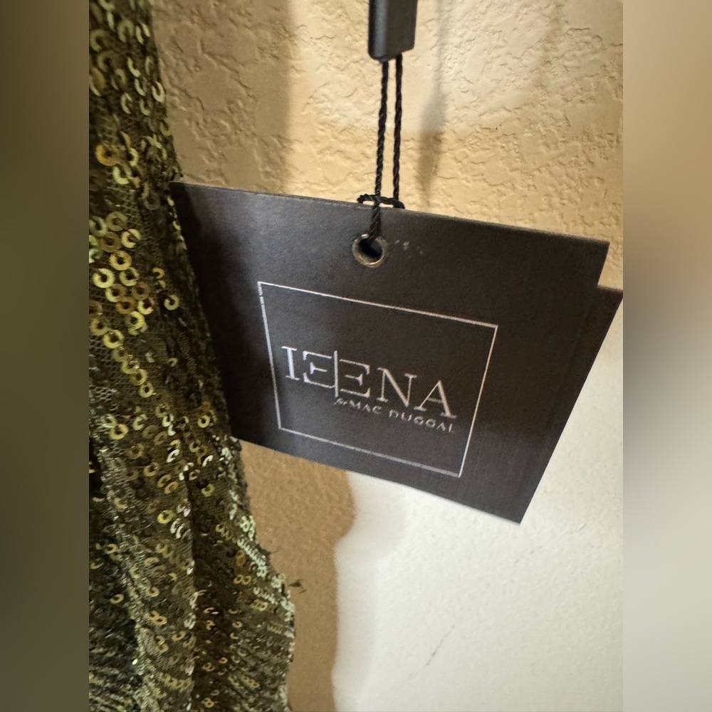 IEENA FOR MAC DUGGAL
Green Sequined Faux Wrap Asymmetrical Hem Dress - Picture 7 of 8